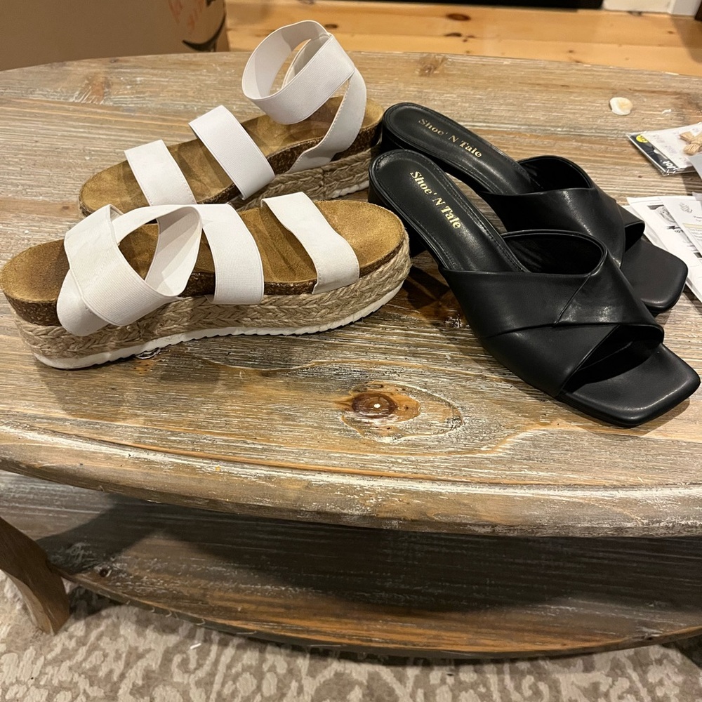 Slip-On Black Leather Mule Heels and white Sandals